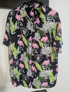Raiders Hawaiian Tropical Flamingo Button Up Shirt Men’s L NFL Apparel Football